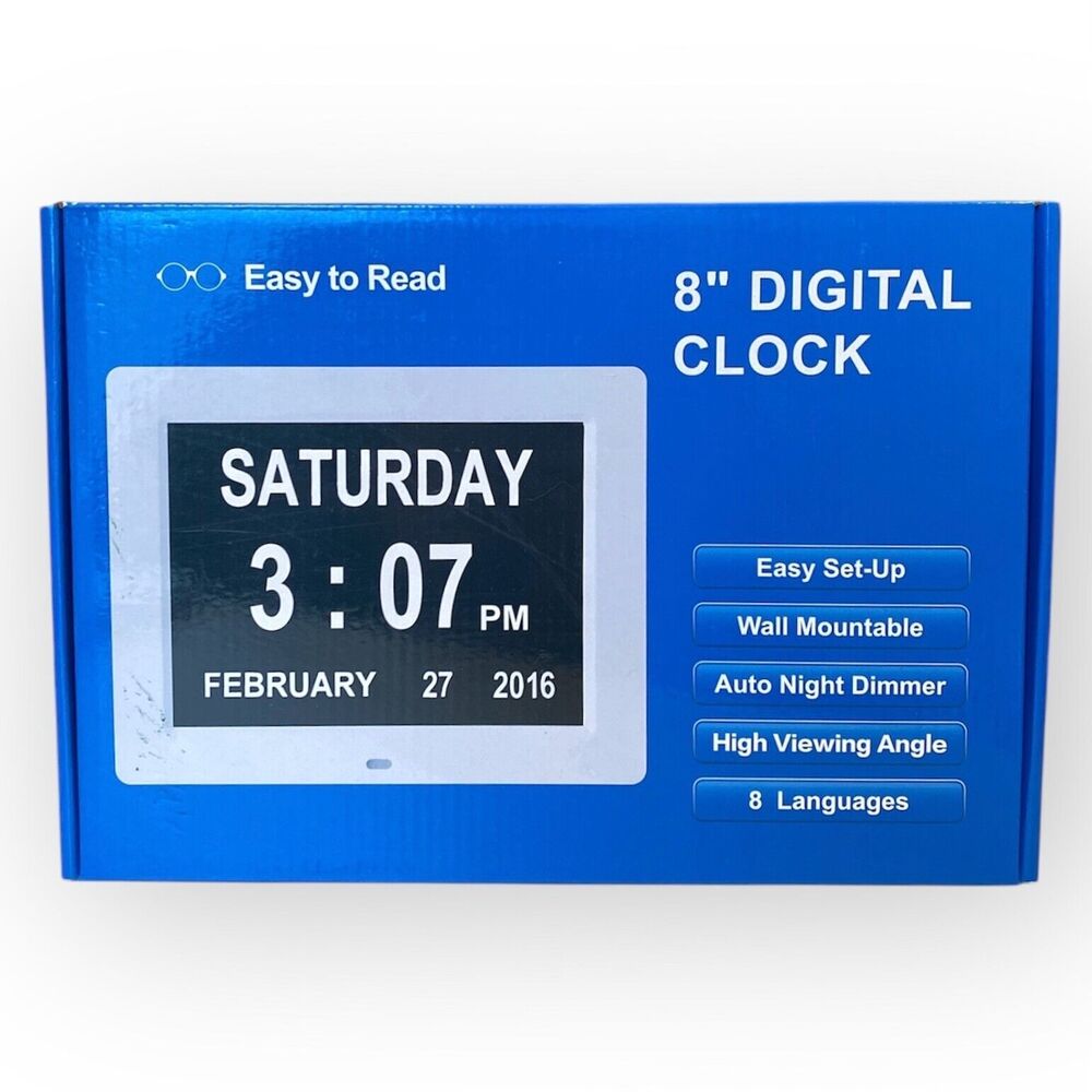 Clock for Dementia: Digital Clock w/ Dimmer 8 Inch Wall Mountable Stand Plug In